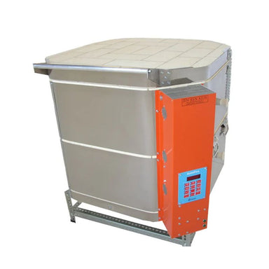 Slightly left-angled, closed, round-shaped JK-squared 22-inch ceramic kiln from Jen-Ken with an Orton AutoFire 4000 12-button controller, and sitting on a small metal stand.