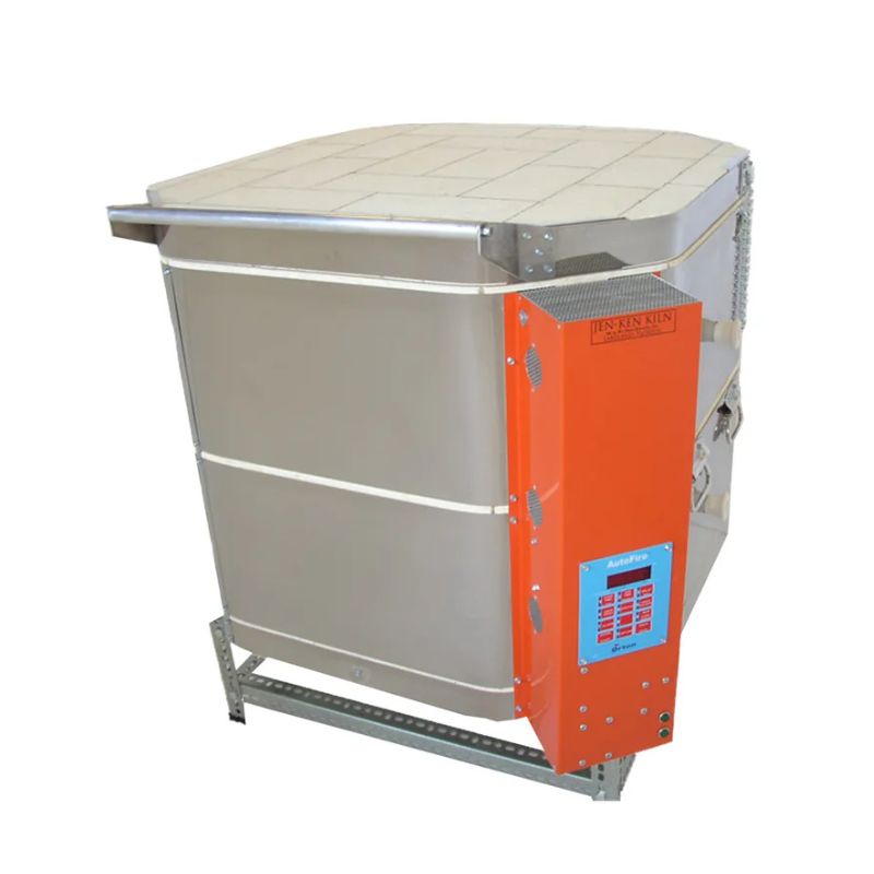 Slightly left-angled, closed, round-shaped JK-squared 22-inch ceramic kiln from Jen-Ken with an Orton AutoFire 4000 12-button controller, and sitting on a small metal stand.