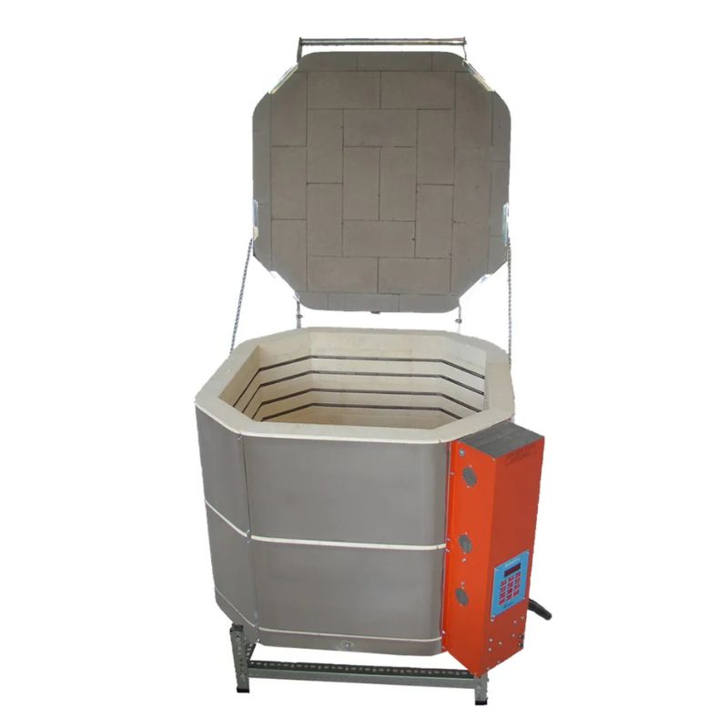 Straight-on, fully-opened, round-shaped JK-squared 22-inch ceramic kiln from Jen-Ken with an Orton AutoFire 4000 12-button controller, and sitting on a small metal stand.