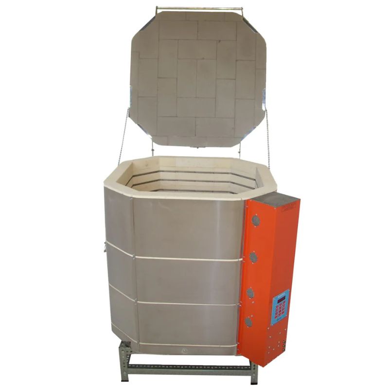 Straight-on view of opened AF JK 29 inch ceramic kiln from Jen-Ken showing the electrical box and the Orton AutoFire 4000 12-button controller.