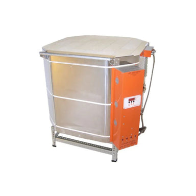 Slightly left-angled, closed AF JK-squared Ceram-A-Glass Kiln from Jen-Ken, ideal for ceramics and glass firings. It's sitting on a small metal stand showing the electrical box with the Orton AutoFire AF3C (AF4X) 3-Button controller.