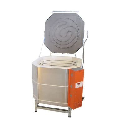 Slightly left-angled, opened, unique square-with-the-corners-cut-off shaped AF JK-squared Ceram-A-Glass Kiln from Jen-Ken, ideal for ceramics and glass firings. It's sitting on a small metal stand showing the electrical box with the Orton AutoFire AF3C (AF4X) 3-Button controller.