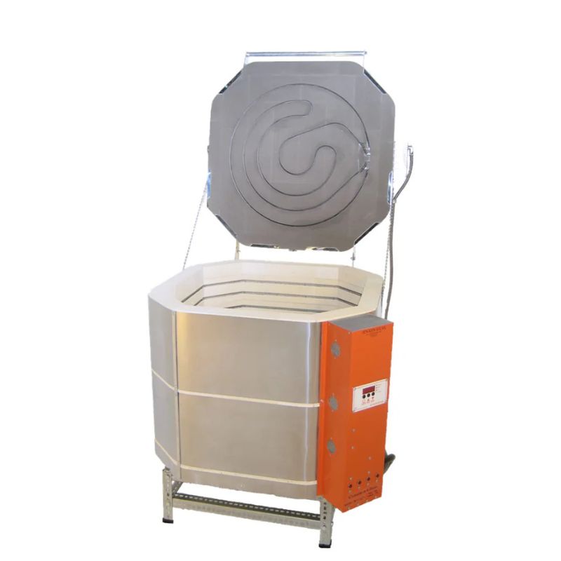 Slightly left-angled, opened, unique square-with-the-corners-cut-off shaped AF JK-squared Ceram-A-Glass Kiln from Jen-Ken, ideal for ceramics and glass firings. It's sitting on a small metal stand showing the electrical box with the Orton AutoFire AF3C (AF4X) 3-Button controller.