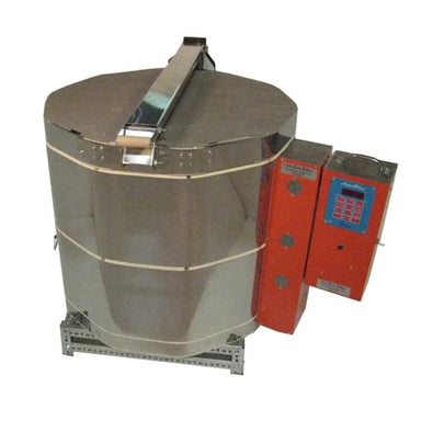 Closed, round-shaped AF 2422 3-inch brick ceramic kiln with heavy-duty mega coils from Jen-Ken with electrical box and an Orton AutoFire 4000 12-button controller on the right side.