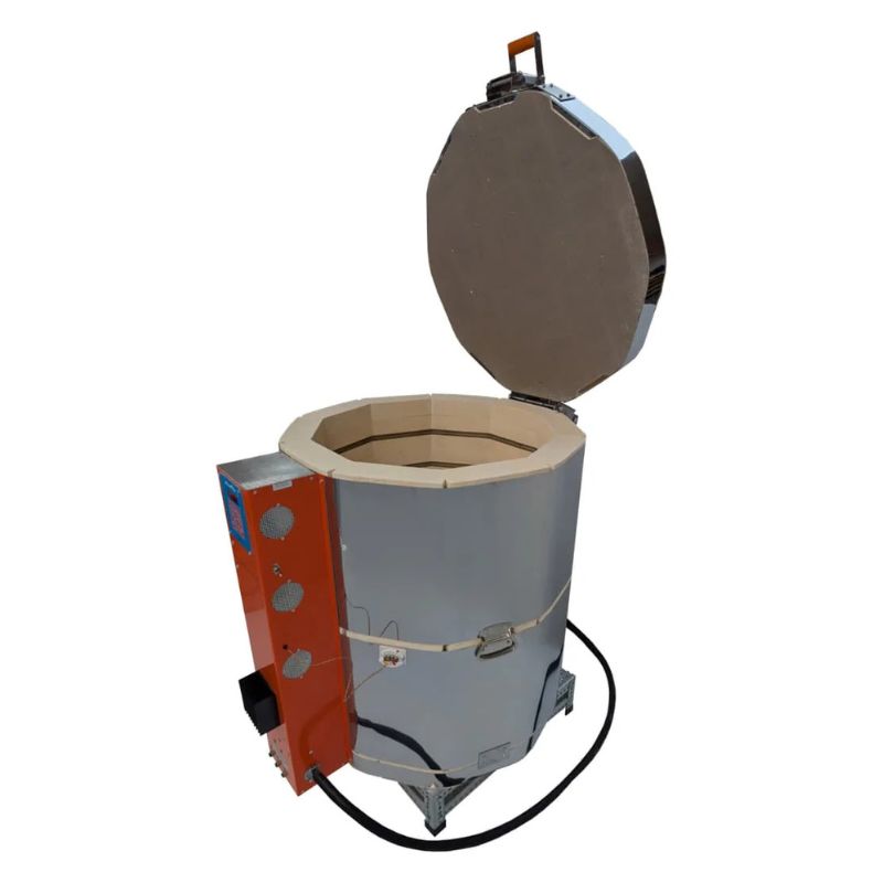 Right side/front view of opened, round-shaped AF Mega-coil 2413 ceramics and pottery kiln from Jen-Ken with 3" chamber brick, sitting on a small metal stand and showing the electrical box with Orton AutoFire 4000 12-button controller.