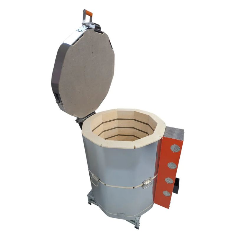 Left side/front view of opened, round-shaped AF Mega-coil 2413 ceramics and pottery kiln from Jen-Ken with 3" chamber brick, sitting on a small metal stand and showing the electrical box with Orton AutoFire 4000 12-button controller.