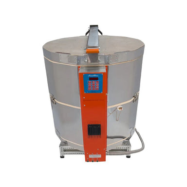 Straight-on view of closed, round-shaped AF 2829 ceramics-pottery kiln from Jen-Ken, featuring 3" chamber brick and heavy-duty mega element coils, sitting on a small metal stand showing the full electrical box and Orton AutoFire 4000 12-button controller.