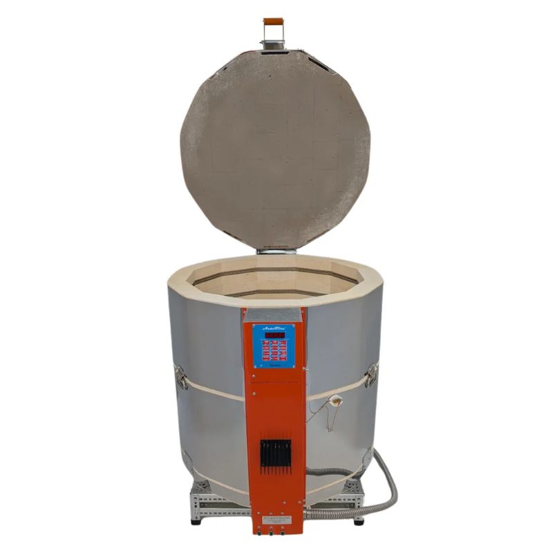 Straight-on view of opened, round-shaped AF 2829 ceramics-pottery kiln from Jen-Ken, featuring 3" chamber brick and heavy-duty mega element coils, sitting on a small metal stand showing the full electrical box and Orton AutoFire 4000 12-button controller.