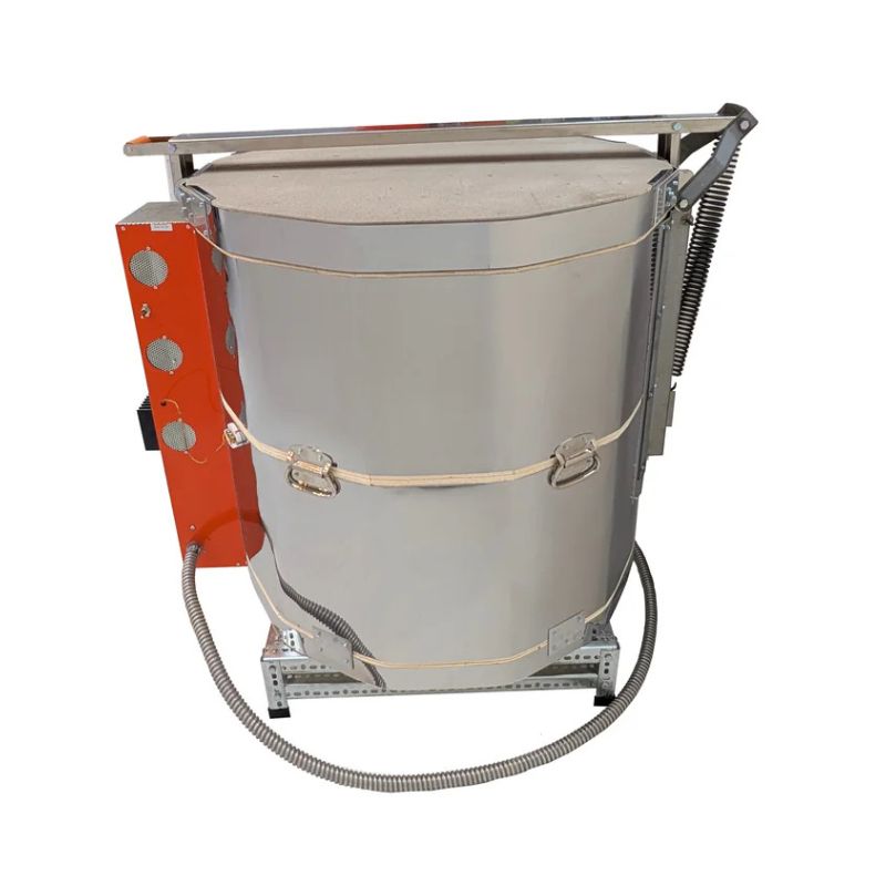 Left-facing side view of closed, round-shaped AF 2829 ceramics-pottery kiln from Jen-Ken, featuring 3" chamber brick and heavy-duty mega element coils, sitting on a small metal stand showing the lid assist hinge/mechanism and side view of the electrical box.