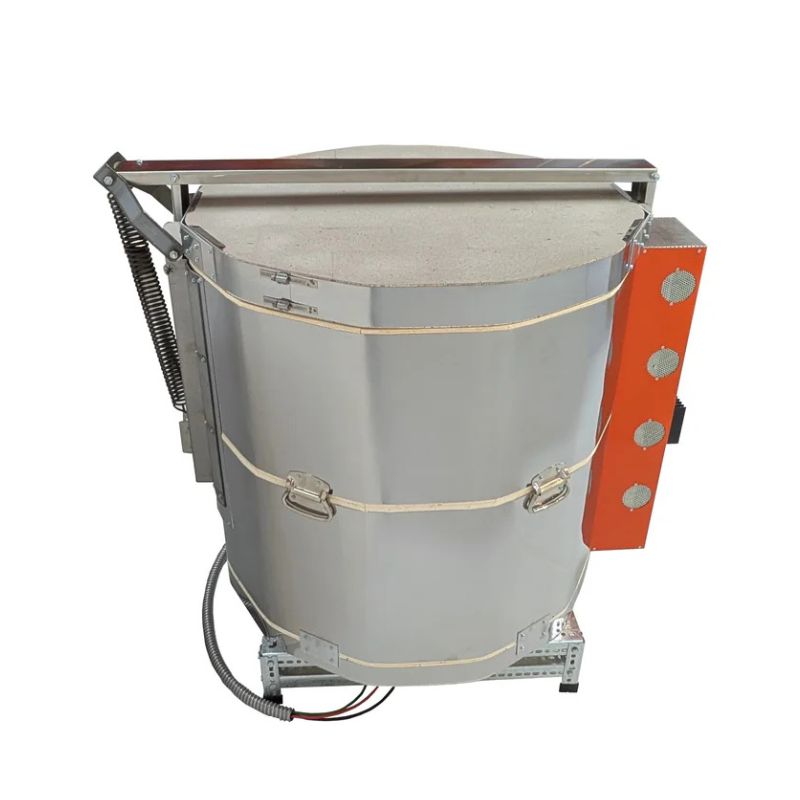 Right-facing side view of closed, round-shaped AF 2829 ceramics-pottery kiln from Jen-Ken, featuring 3" chamber brick and heavy-duty mega element coils, sitting on a small metal stand showing the lid assist hinge/mechanism and side view of the electrical box.