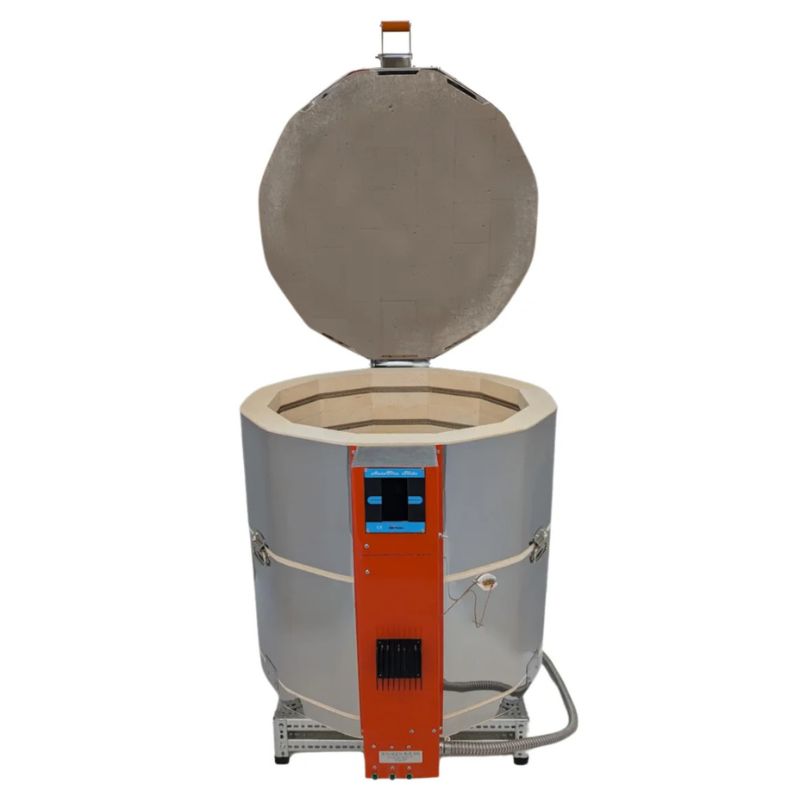 Straight-on view of opened, round-shaped AF 2829 ceramics-pottery kiln from Jen-Ken, featuring 3" chamber brick and heavy-duty mega element coils, sitting on a small metal stand showing the full electrical box and Orton Orton AutoFire Slide Touchscreen controller.