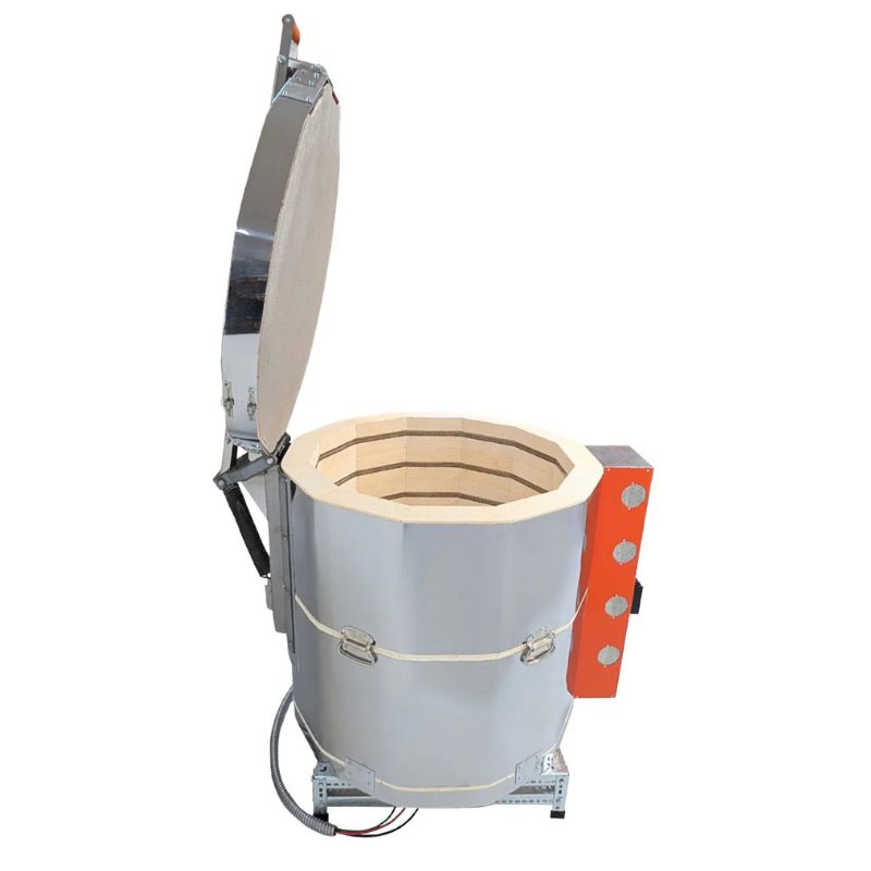 Right-facing side view of opened, round-shaped AF 2829 ceramics-pottery kiln from Jen-Ken, featuring 3" chamber brick and heavy-duty mega element coils, sitting on a small metal stand showing the side view of the electrical box.