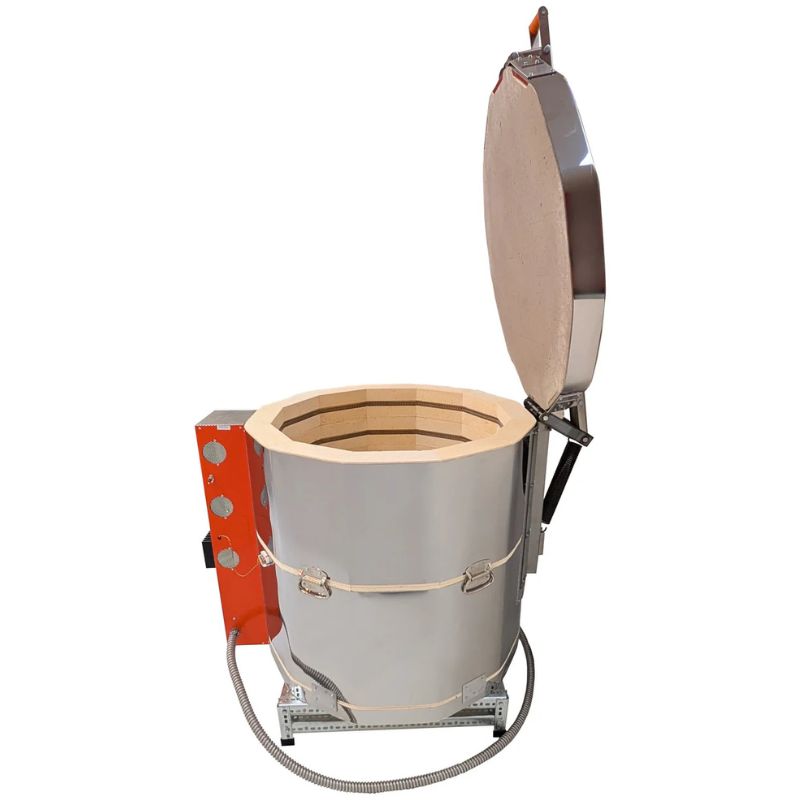 Left-facing side view of opened, round-shaped AF 2829 ceramics-pottery kiln from Jen-Ken, featuring 3" chamber brick and heavy-duty mega element coils, sitting on a small metal stand showing the side view of the electrical box.