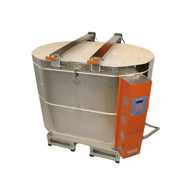 Slightly left-angled view of closed, oval-shaped AF 27 ceramic kiln from Jen-Ken, featuring 3" chamber brick, showing the electrical box with the Orton AutoFire 4000 12-button controller.