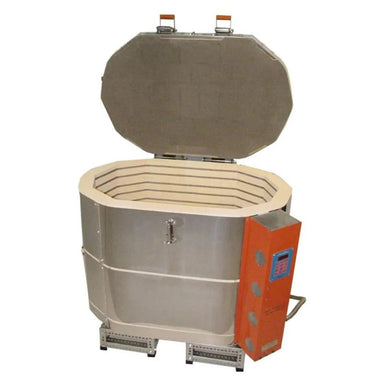 Slightly left-angled view of opened, oval-shaped AF 27 ceramic kiln from Jen-Ken, featuring 3" chamber brick, showing the electrical box with the Orton AutoFire 4000 12-button controller.