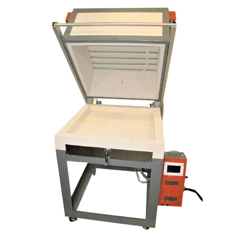 Straight-on view of opened, square-shaped AF Slide ProFusion 26 fiber-constructed glass kiln from Jen-Ken with attached electrical box and digital controller.