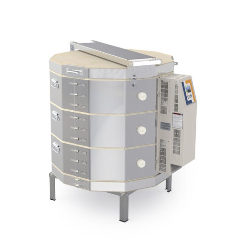Right-angled view of closed eQ2827-3 top-loading electric production kiln from L&L.