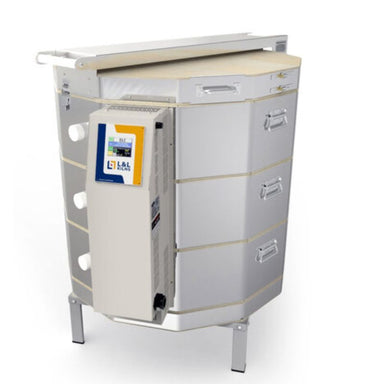 Left-angled view of closed eQ2827-3 top-loading electric production kiln from L&L, with clear view of electrical box and Genesis touchscreen controller.
