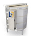 Left-angled view of closed eQ2827-3 top-loading electric production kiln from L&L, with clear view of electrical box and Genesis touchscreen controller.