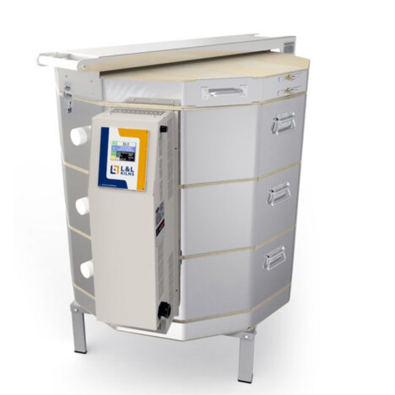 Left-angled view of closed eQ2827-3 top-loading electric production kiln from L&L, with clear view of electrical box and Genesis touchscreen controller.