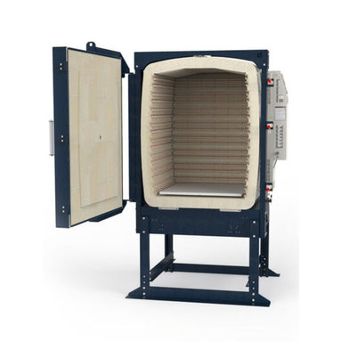 Front view of opened eFL2635 front-loading large capacity electric kiln from L&L.