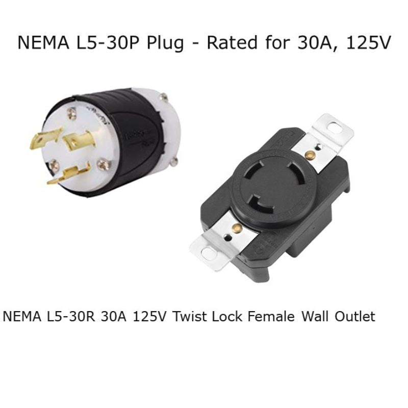 View of Plug and receptacle for NEMA L5-30P plug - rated for 30 amps, 125 volts. Twist Lock Female Wall Outlet shown.