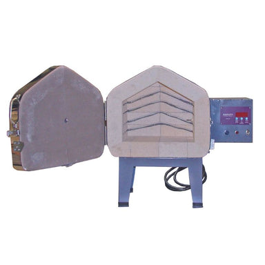 Front view of opened front-loading Olympic 129FLE Electric Kiln with side-hinged door and Bartlett 3K-CF temperature controller