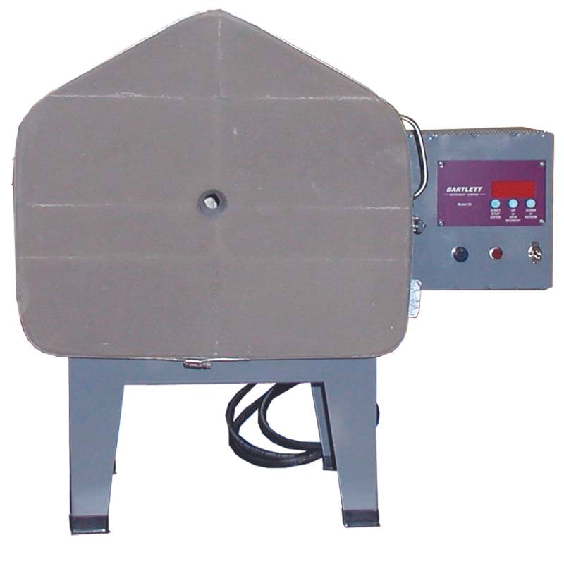 Front view of closed front-loading Olympic 129FLE Electric Kiln with Bartlett 3K-CF temperature controller