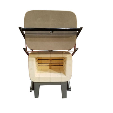 Front View of opened Olympic Kilns 139FLE front-loading electric kiln with guillotine lift door