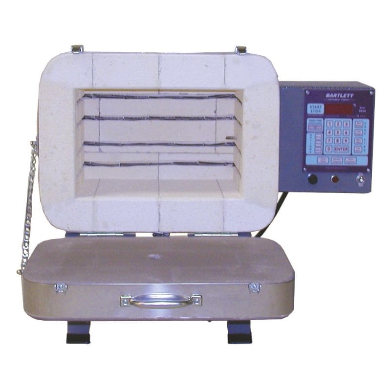 Front view of front-loading electric Olympic Kilns 139FLE kiln showing temperature controller and kiln interior with bottom-hinged door open