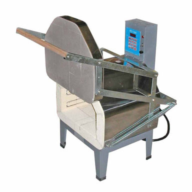 High-angle view of opened 1414FLE front-loading Olympic electric kiln with temperature controller and guillotine lift door