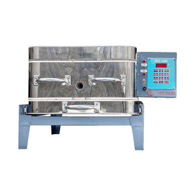Front view of closed 146 Slider Glass & PMC kiln from Olympic Kilns. Electronic box and controller on right.
