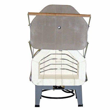 Front facing view of opened 149FLE, front-loading electric kiln from Olympic. Shown is the option with guillotine door lift.