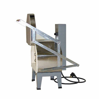 Left-facing side view of opened 149FLE, front-loading electric kiln from Olympic. Shown is the option with guillotine door lift.