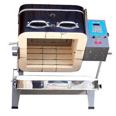 Front view of 149 Slider glass firing kiln with clamshell lid opened and electrical box and controller on the right side.