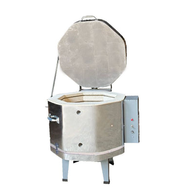 Straight on view of opened 18 inch wide, 13.5 inch deep stackable electric kiln from Olympic Kilns called 1814HE. On small 8" metal stand with electrical box on the right side of the kiln.