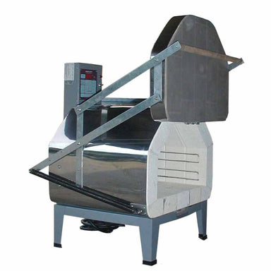side view of angled 1818FLE front-loading electric Olympic Kiln with open guillotine lift door and temperature controller