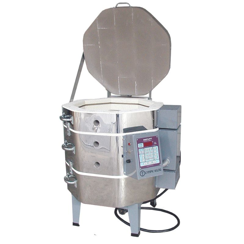Front facing opened Olympic Kilns 1818E stackable electric kiln with temperature controller.