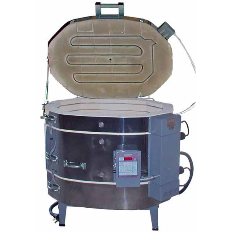 Front-facing, opened Olympic Kilns 2018HE oval electric kiln, showing temperature controller.