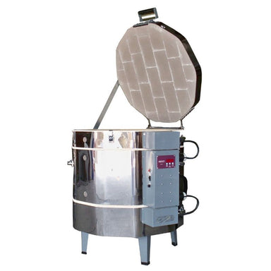 Olympic Kilns stackable 2323HE Electric oven with open lid and standard 3K-CF electric controller.