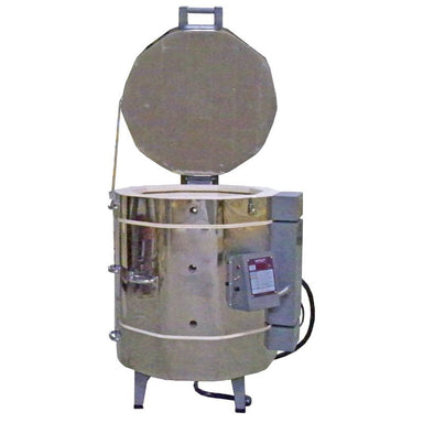 Front view of opened, stackable 2327HE electric kiln from Olympic Kilns, showing Bartlett controller.