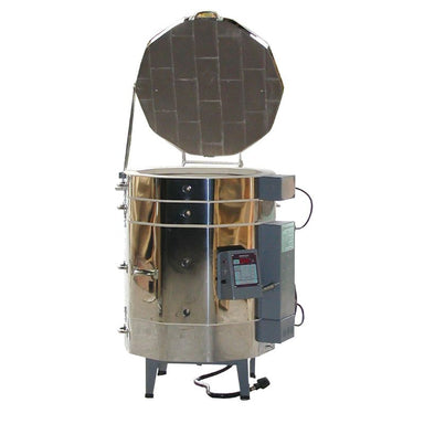 Front view, slightly angled, of opened Olympic Kilns 2331 HE stackable, electric kiln, showing temperature controller