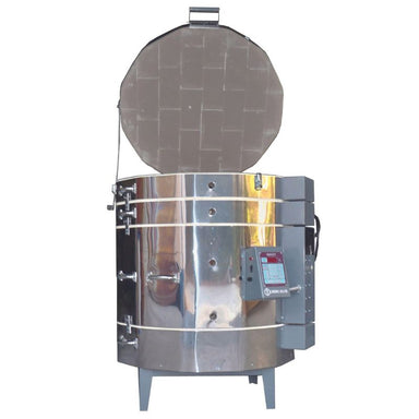 Front view of opened Olympic Kilns 2331 HE stackable, electric kiln, showing temperature controller