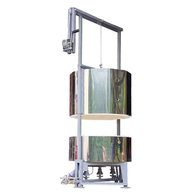 Front view of opened Olympic Kilns 23" Raku updraft gas kiln set up a metal burner frame.