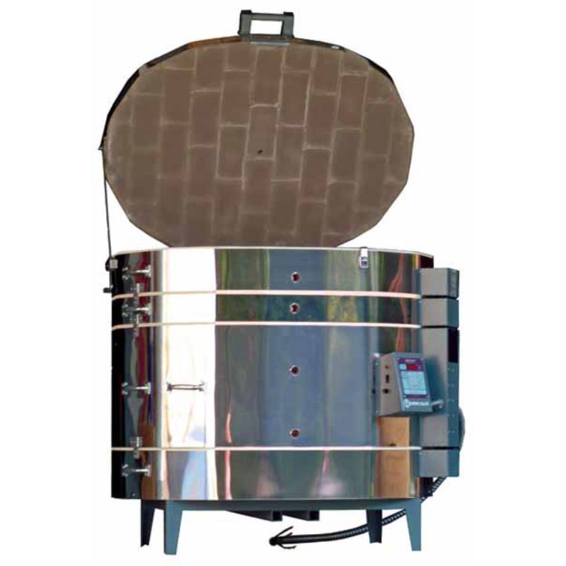 Front-facing opened Olympic Kilns 2531HE oval electric kiln, showing temperature controller