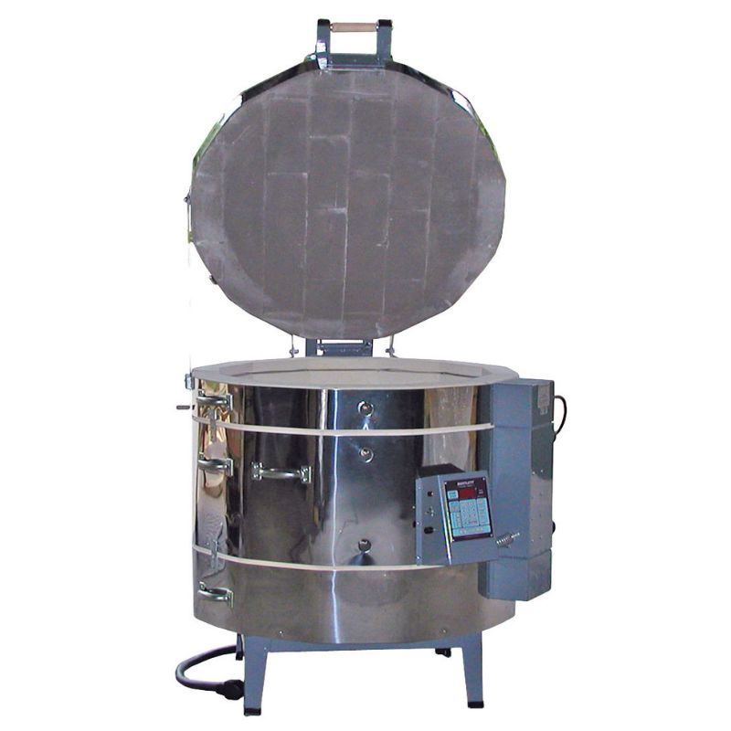 Front-facing, opened Olympic Kilns 2823HE stackable, electric kiln with temperature controller.