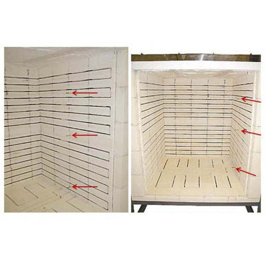 Interior image of kiln with Two or three thermocouples installed inside kiln to regulate temperatures at the top, center and bottom sections