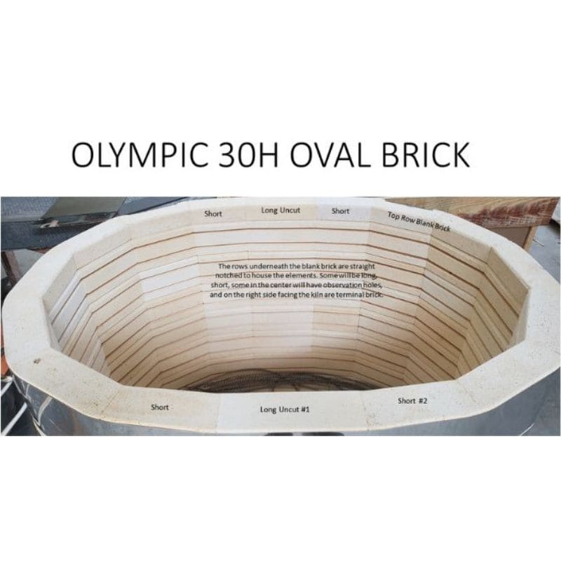 Interior view of 30-inch front-to-back oval Olympic Kiln with text inside the chamber image describing construction details