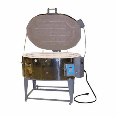 Front view of opened Olympic Kilns 3014GFE glass firing kiln with the electrical controller and box on the right side..