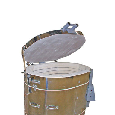 Right side view of Olympic Kilns oval kiln with lid opened to show 2 inch brick lip.